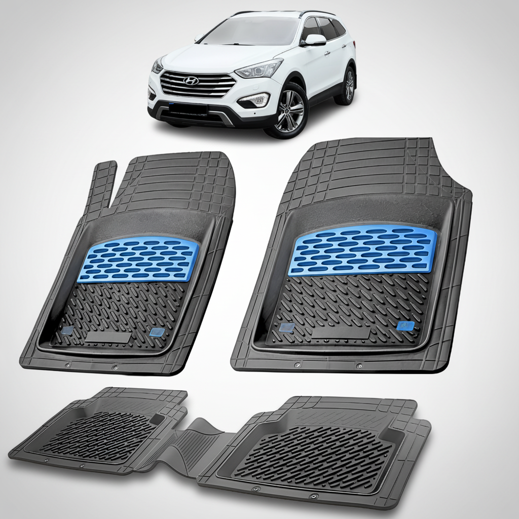 Set of black car floor mats with blue accents on a white background, featuring a white SUV.