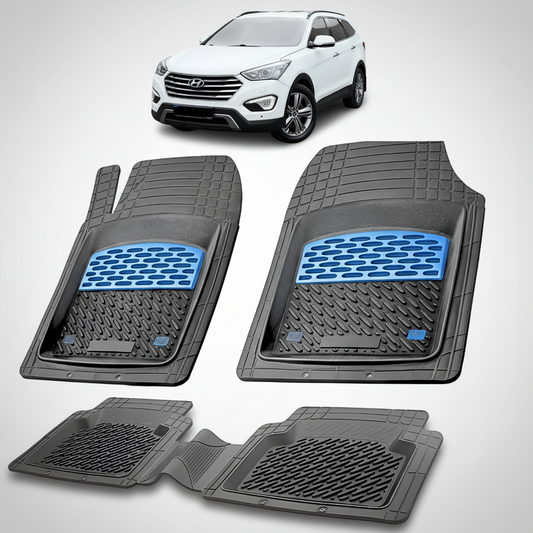 Set of black car floor mats with blue accents on a white background, featuring a white SUV.