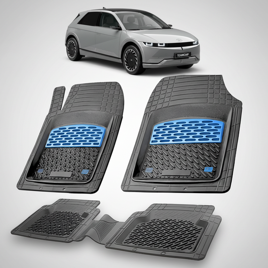 Set of car floor mats with blue accents on a white background, featuring a car in the corner.