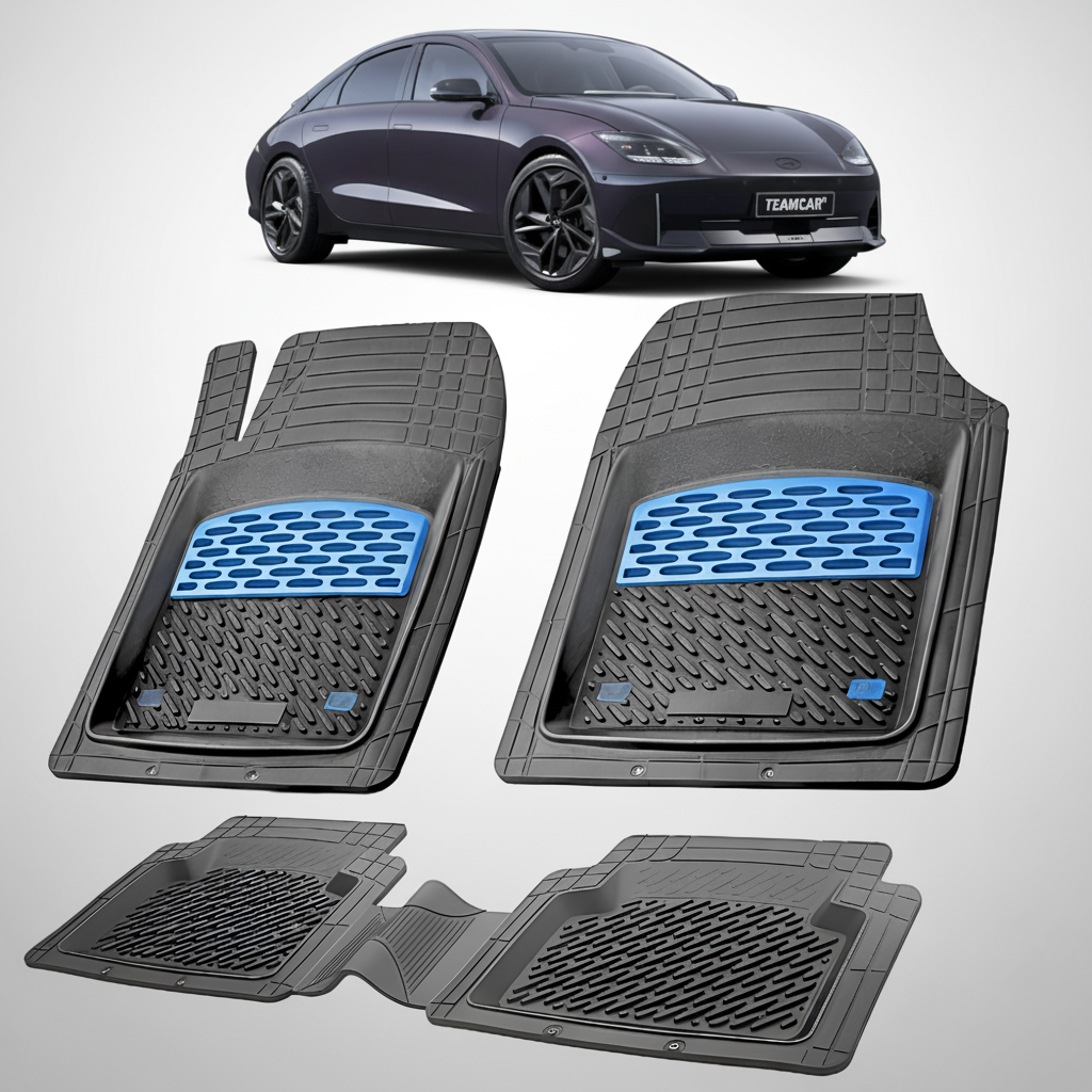 Set of car floor mats with blue accents on a white background, featuring a car model in the corner.