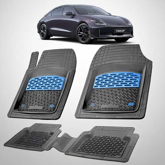 Set of car floor mats with blue accents on a white background, featuring a car model in the corner.
