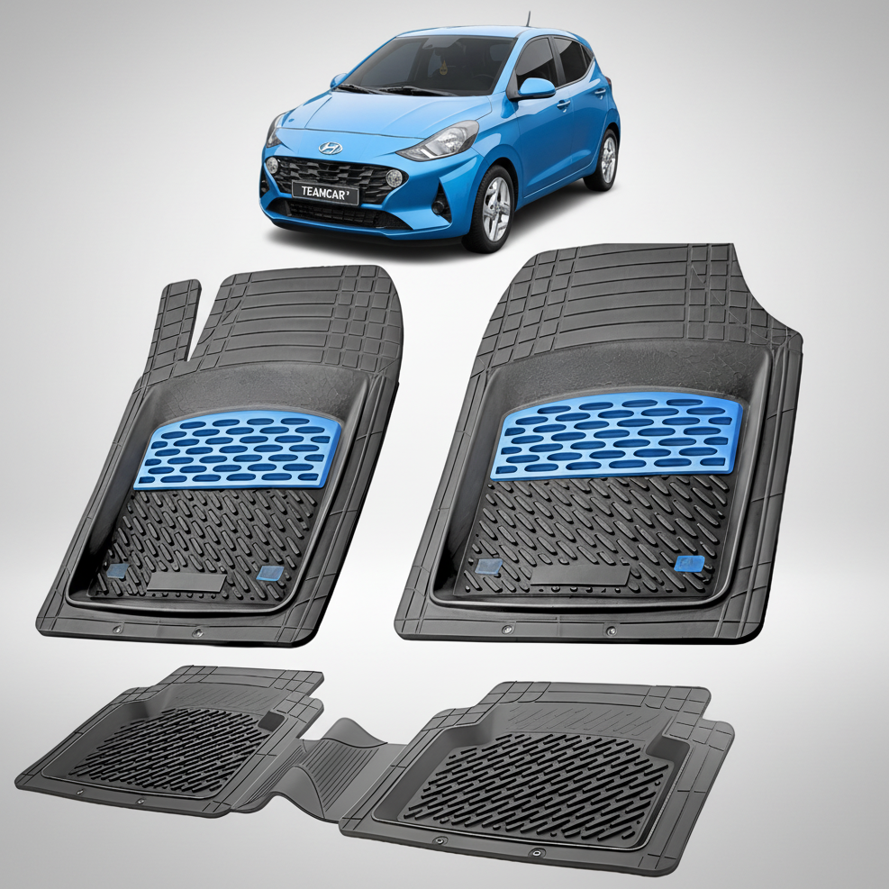 Set of car floor mats with a blue car in the background