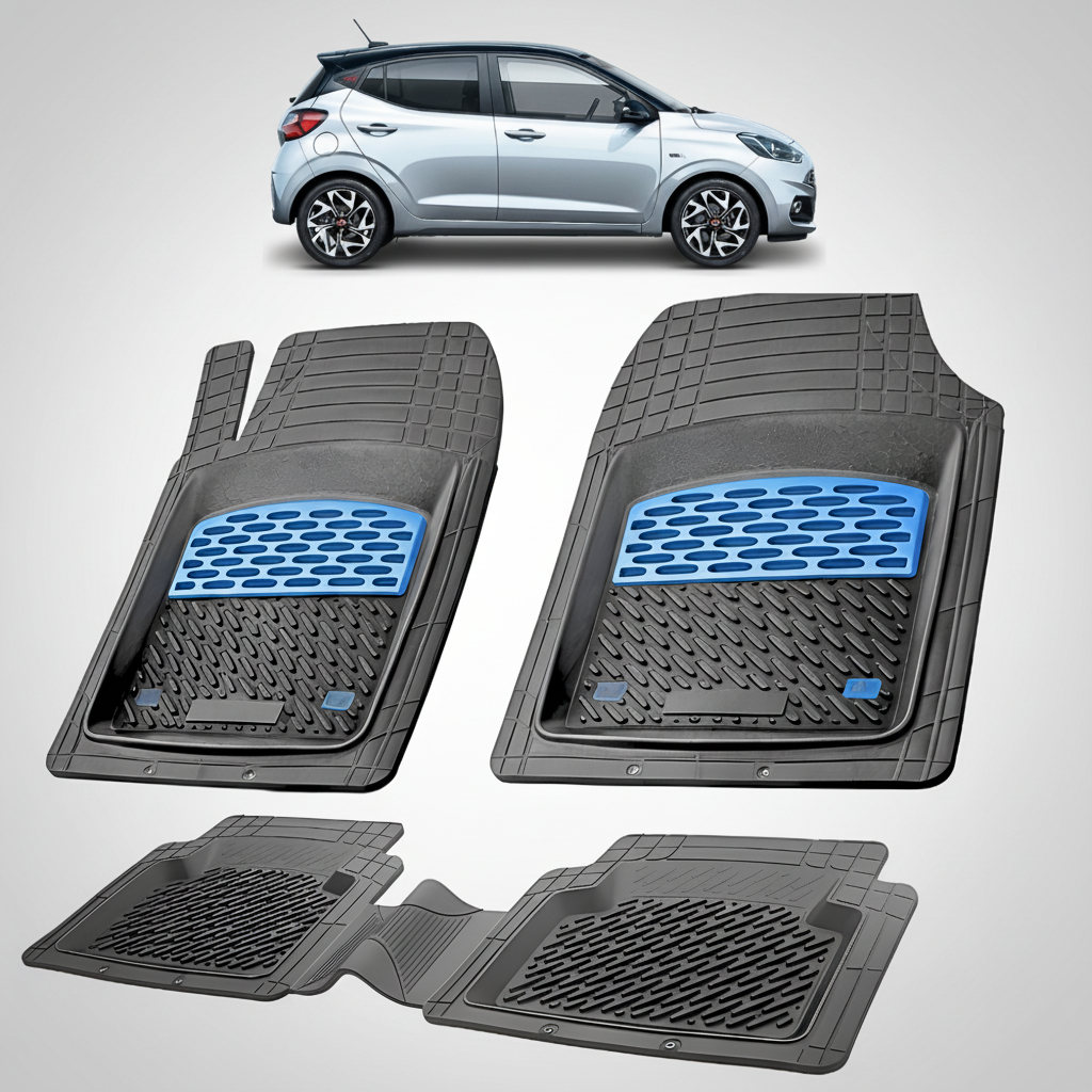 Set of car floor mats with a small inset of a silver car.
