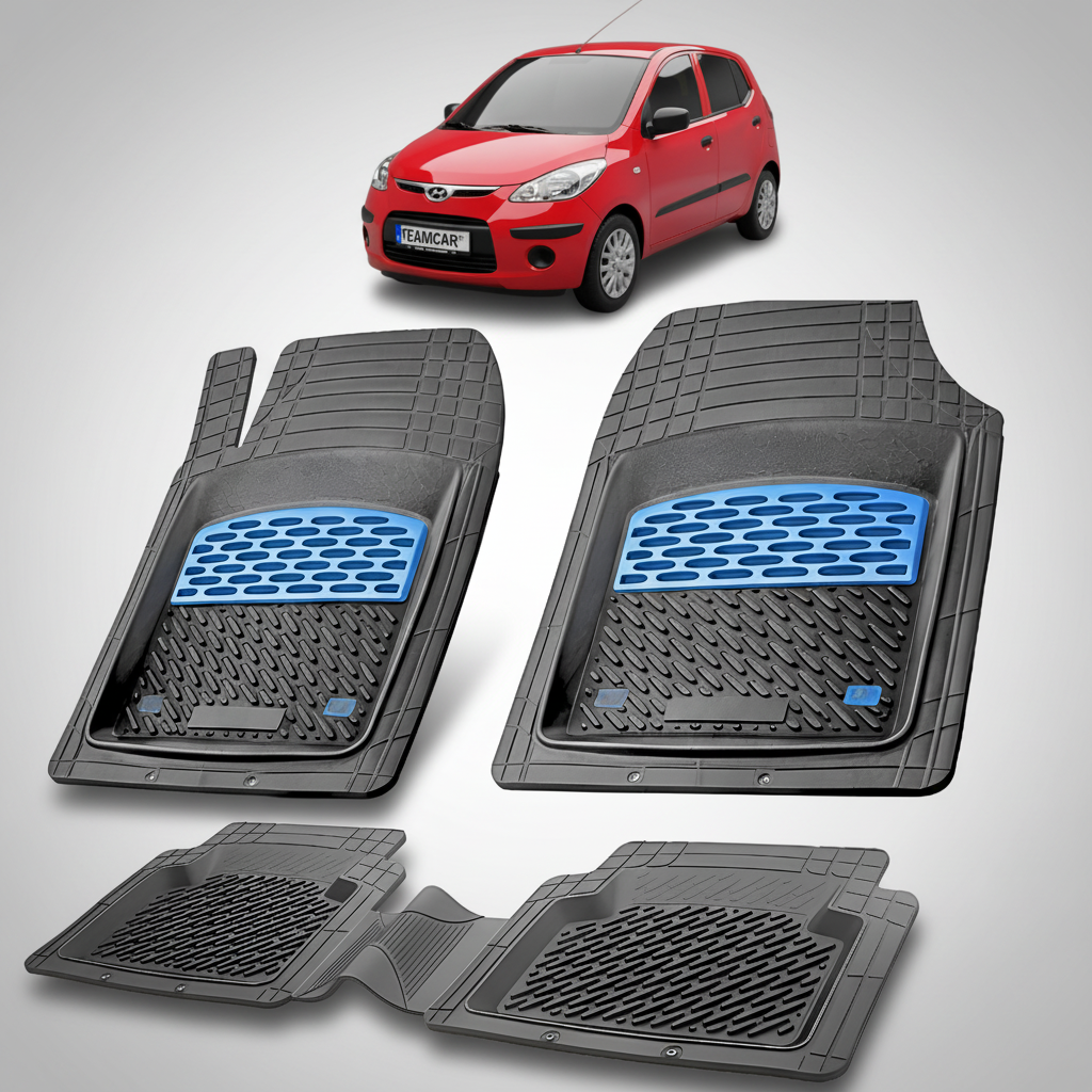 Set of black car floor mats with blue accents on a white background, featuring a red car at the top.