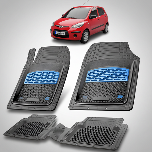 Set of black car floor mats with blue accents on a white background, featuring a red car at the top.