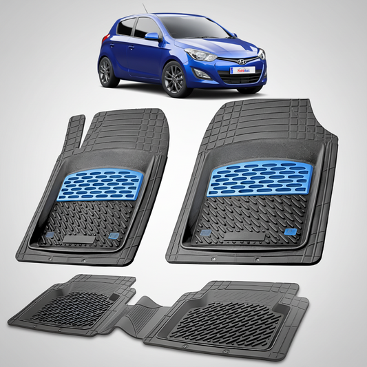 Set of car floor mats with a blue car in the background