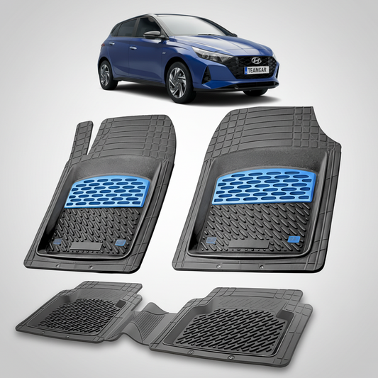 Set of car floor mats with a blue logo on a white background, featuring a blue Hyundai car.