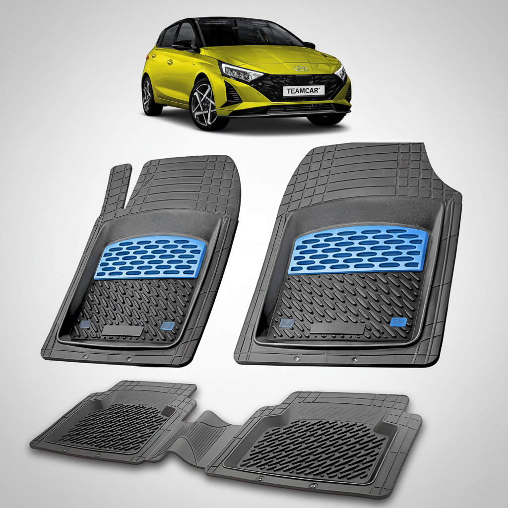 Set of car floor mats with a yellow car in the background