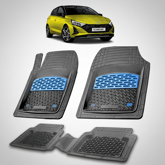 Set of car floor mats with a yellow car in the background