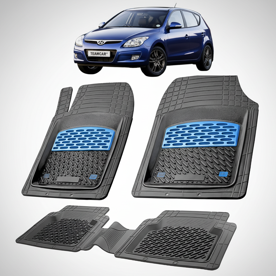Set of car floor mats with a blue logo on a white background, featuring a blue Hyundai car.