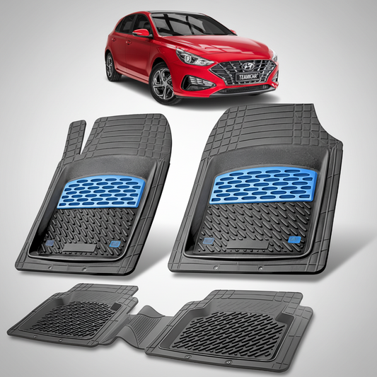 Set of car floor mats with a red car in the background