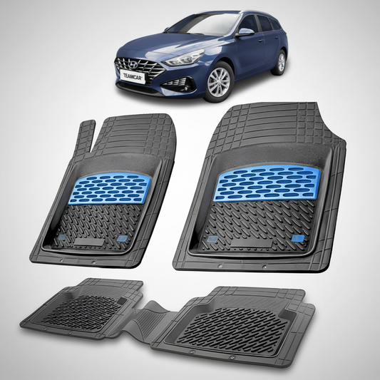 Set of car floor mats with a blue logo on a white background, featuring a Hyundai car.