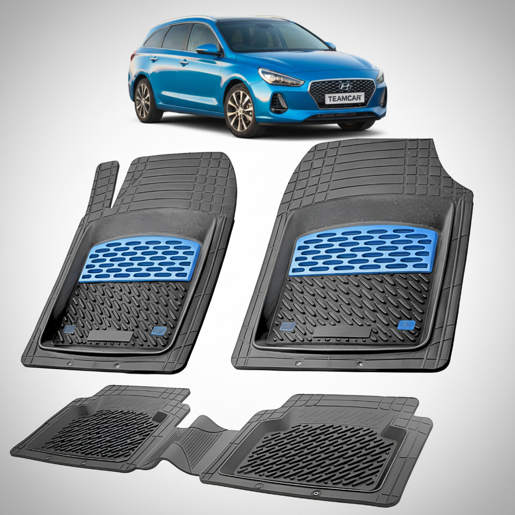 Set of car floor mats with a blue car in the background
