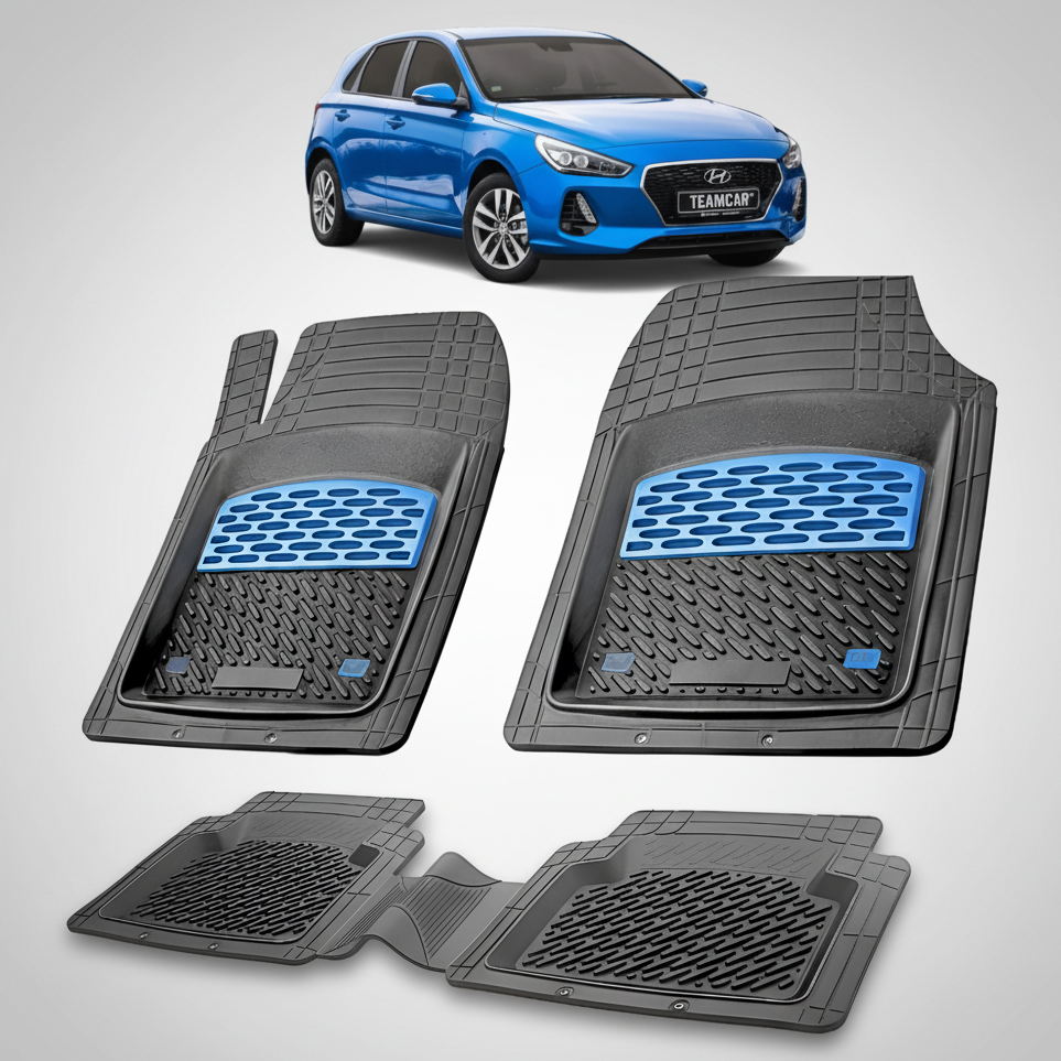 Set of car floor mats with a blue car in the background
