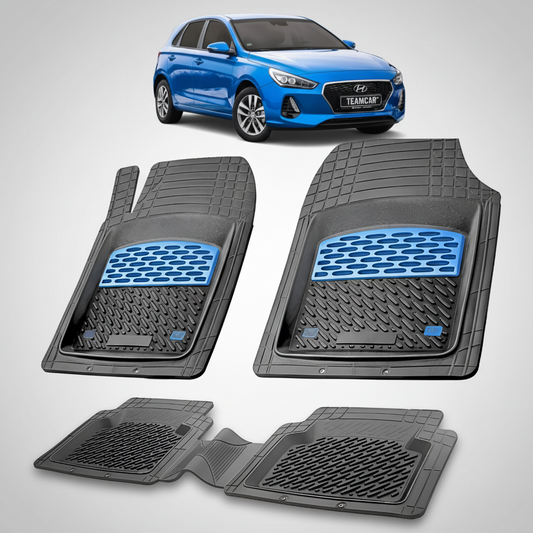 Set of car floor mats with a blue car in the background
