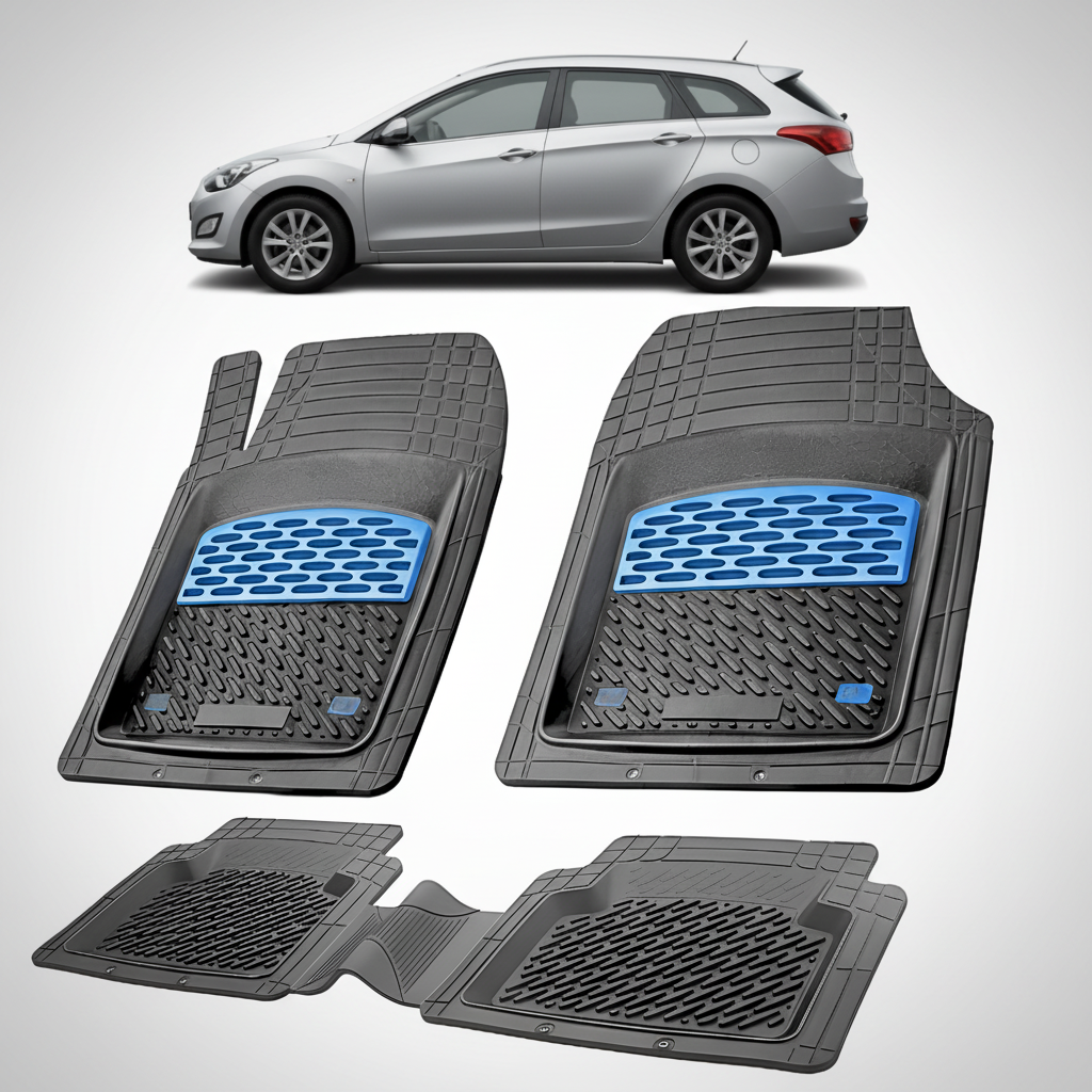 Set of black car floor mats with blue accents on a white background, with a car partially visible.