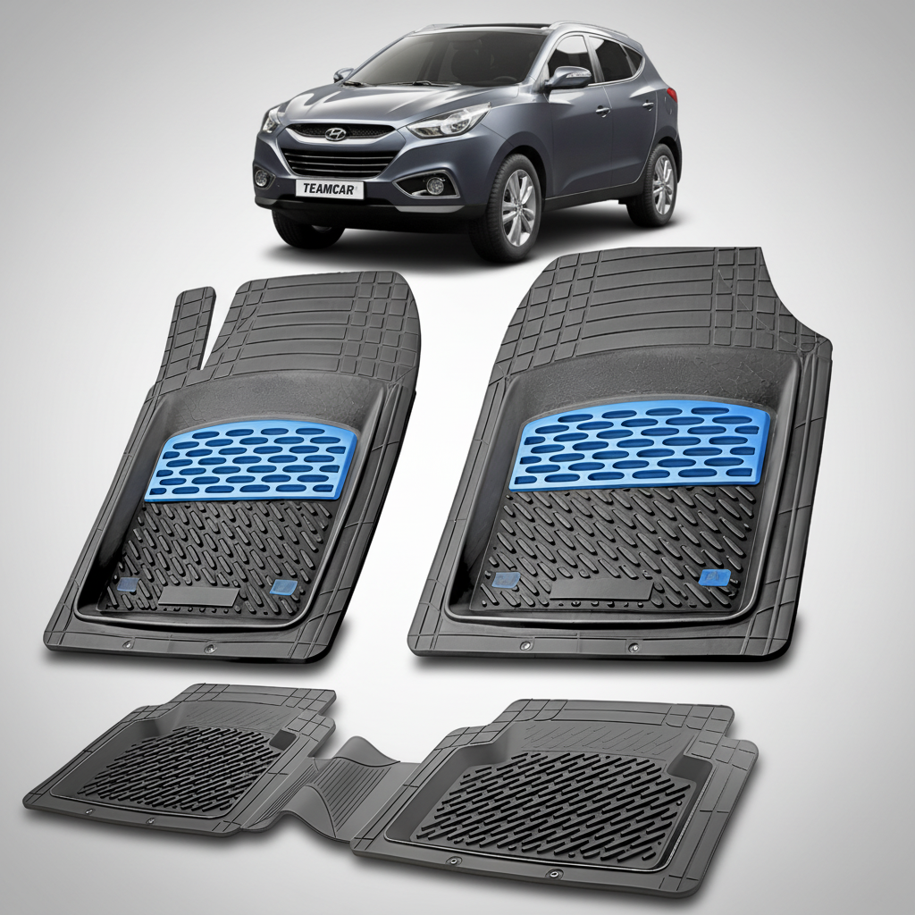 Set of car floor mats with a blue pattern on a white background, displayed with a gray Hyundai car.
