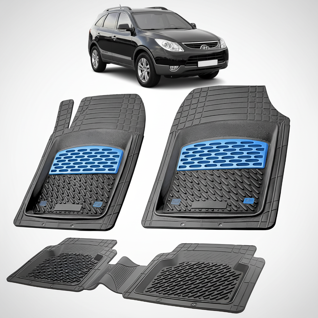 Set of black car floor mats with blue accents on a white background, with a black SUV for scale.