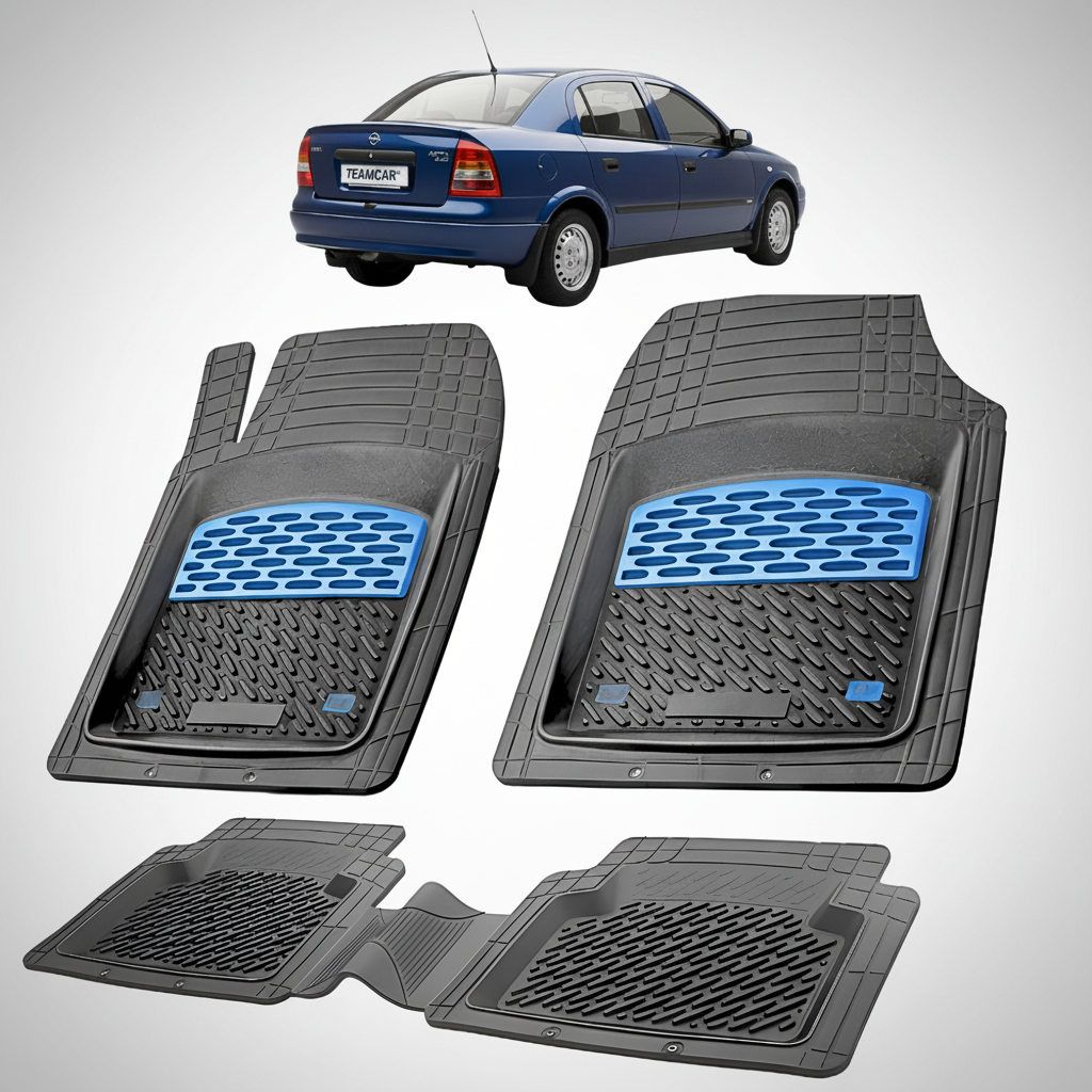 Set of car floor mats with a blue logo on a white background, with a small inset of a blue car.