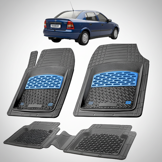 Set of car floor mats with a blue logo on a white background, with a small inset of a blue car.