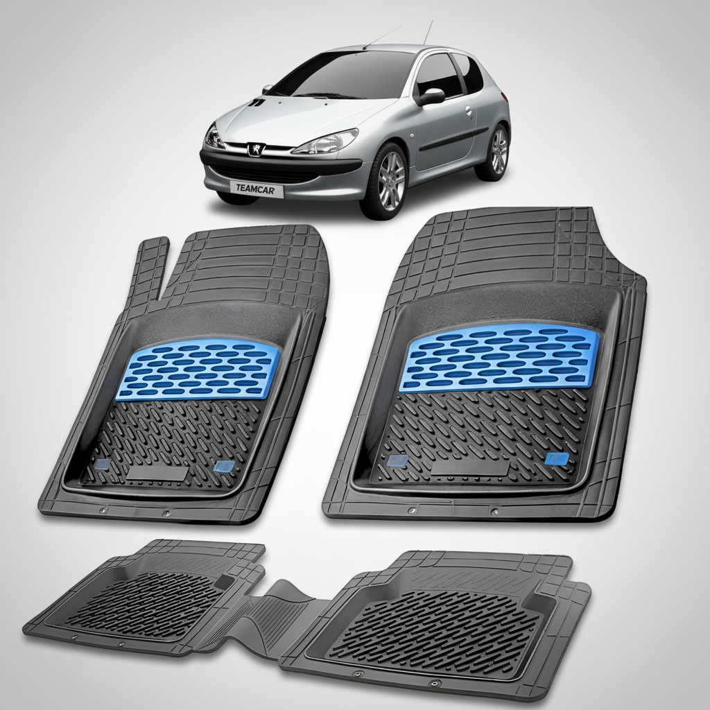Set of car floor mats with blue accents on a white background, featuring a car model for scale.