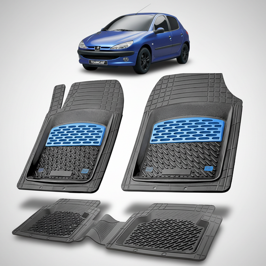 Set of car floor mats with a blue logo on a white background, featuring a blue car at the top.