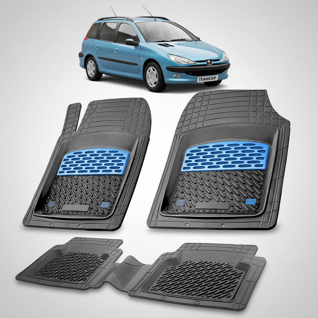 Set of car floor mats with blue accents on a white background, featuring a small inset image of a blue car.