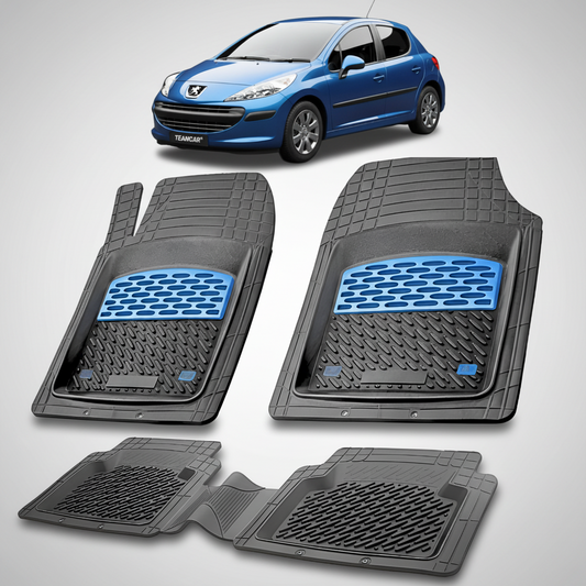 Set of car floor mats with blue accents on a white background, featuring a small inset of a blue car.