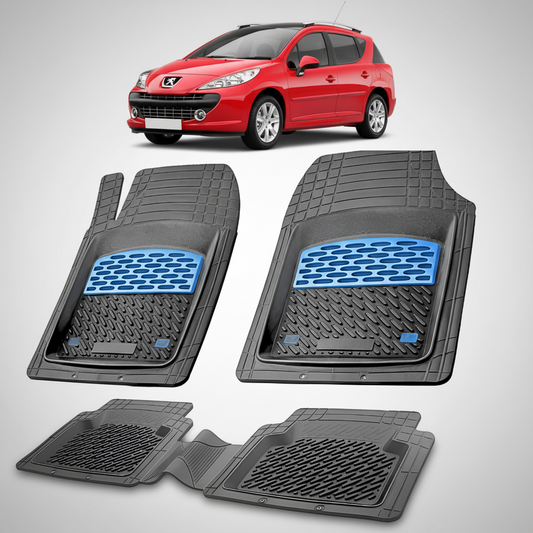 Set of black car floor mats with blue accents in front of a red car.