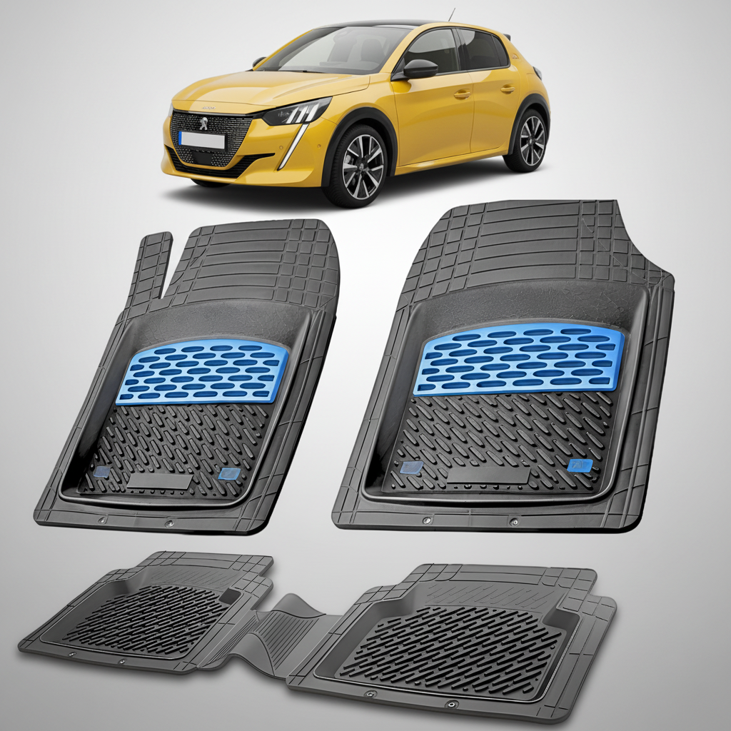 Set of car floor mats with a yellow car in the background