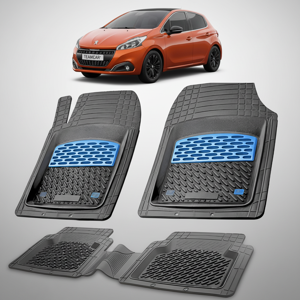 Set of car floor mats with a blue pattern on a white background, with an orange car in the corner.