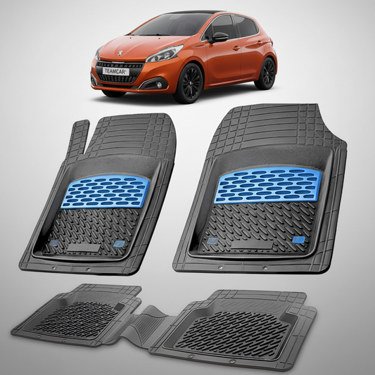 Set of car floor mats with a blue pattern on a white background, with an orange car in the corner.