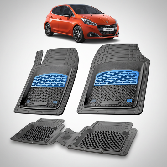 Set of car floor mats with a blue pattern on a white background, featuring an orange car at the top.