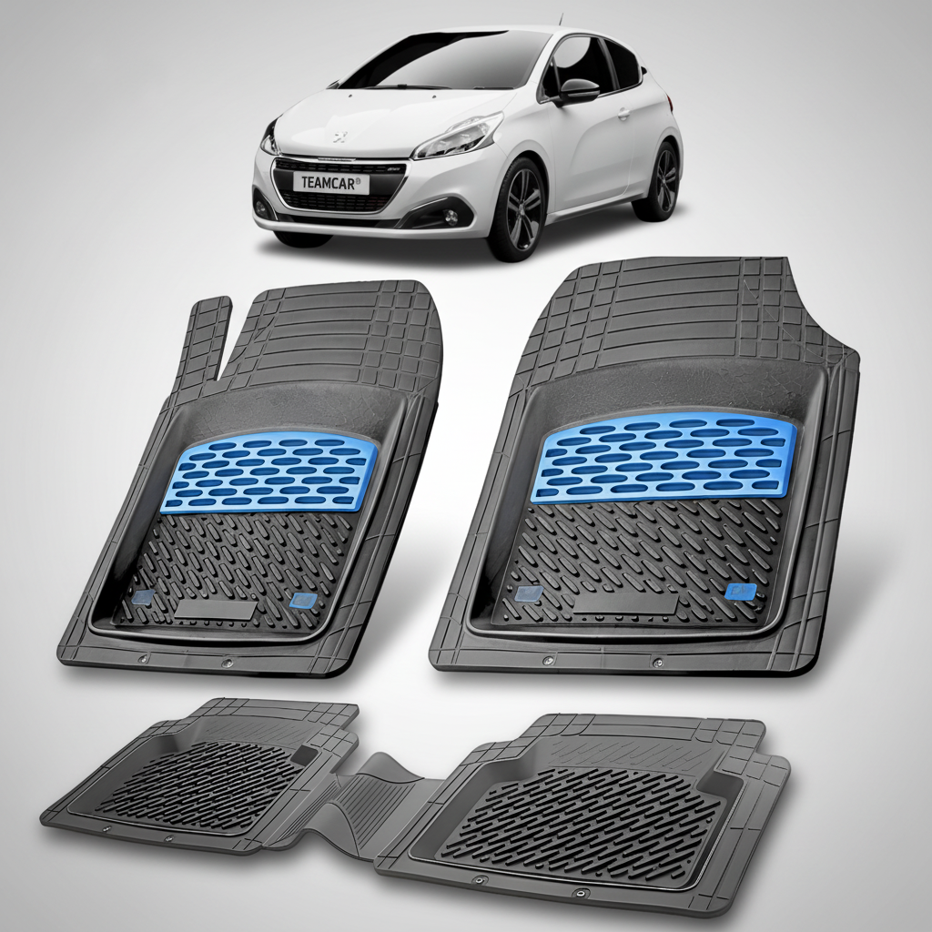 Set of car floor mats with blue accents on a white background, featuring a white car model above.