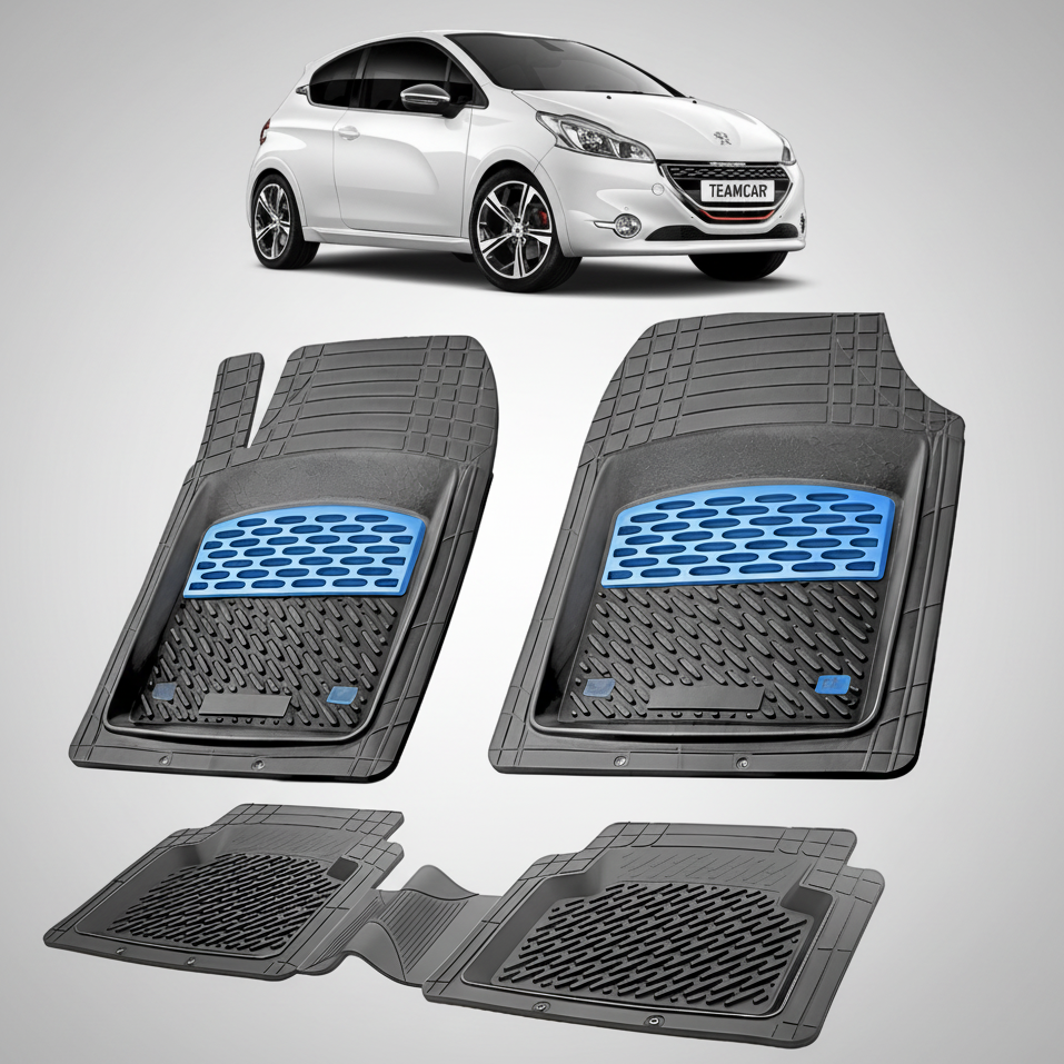 Set of car floor mats with a white car in the background
