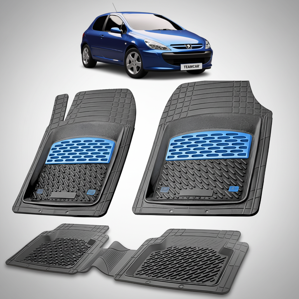 Set of car floor mats with blue accents on a white background, featuring a small inset of a blue car.