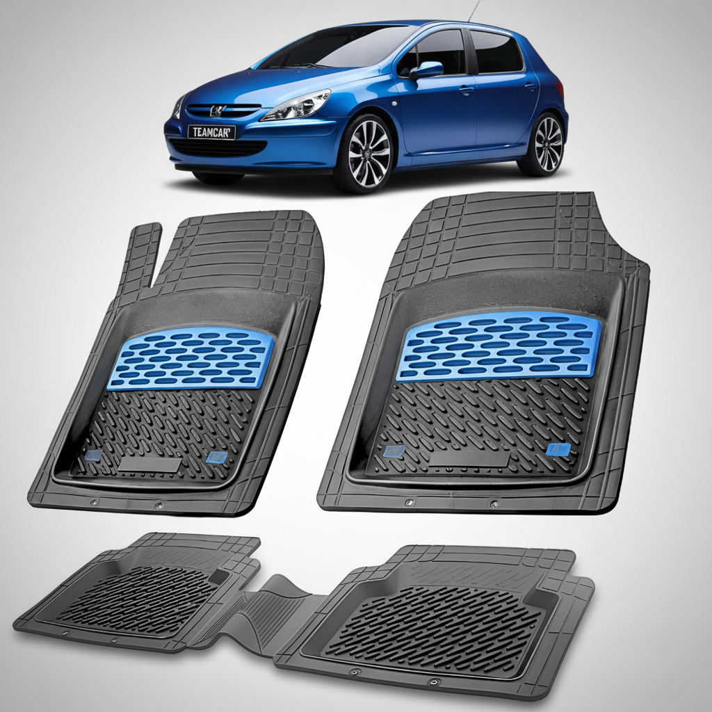 Set of car floor mats with a blue car in the background