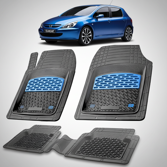 Set of car floor mats with a blue car in the background
