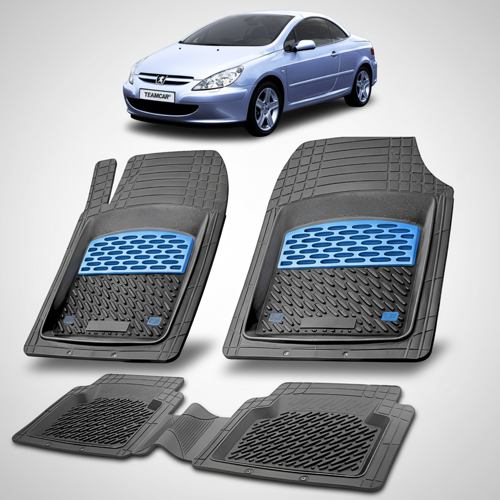 Set of car floor mats with a blue logo on a white background, with a car image at the top.