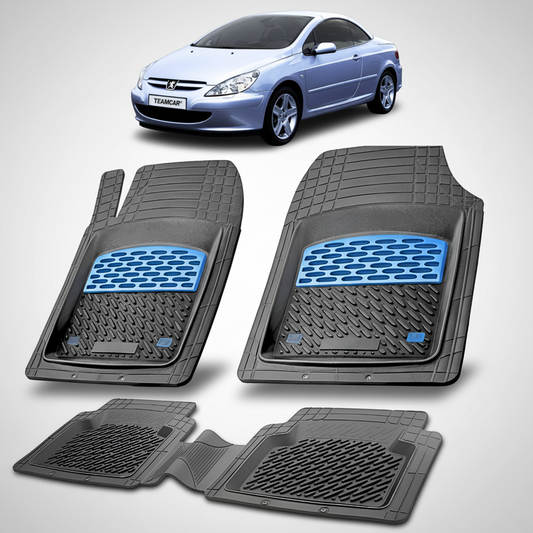 Set of car floor mats with a blue logo on a white background, with a car image at the top.