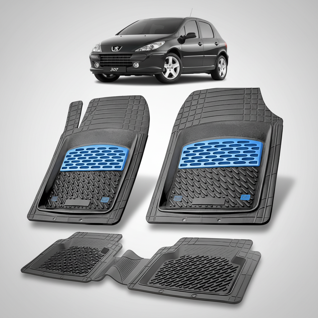 Set of car floor mats with a blue logo on a white background, with a black car partially visible.