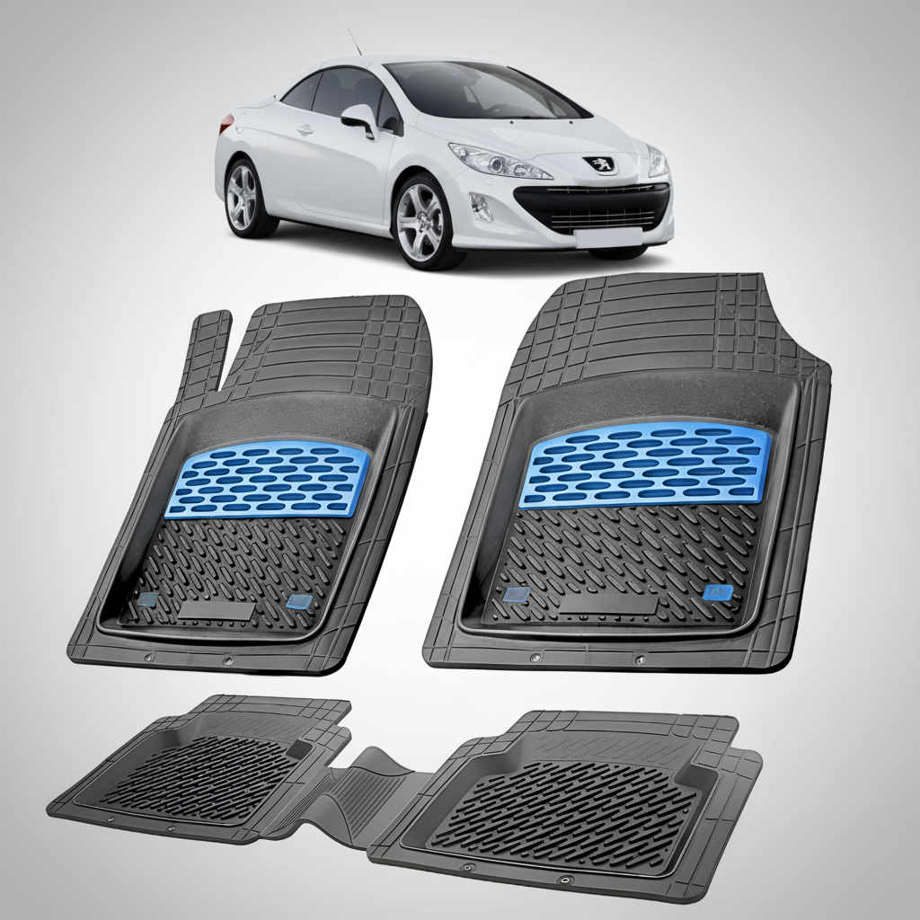 Set of car floor mats with a white car in the background