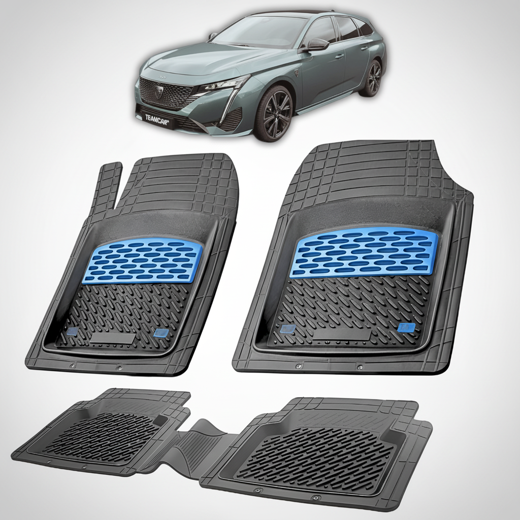 Set of car floor mats with a car in the background