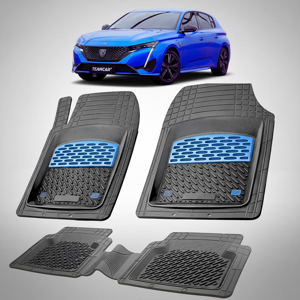 Set of car floor mats with a blue car in the background