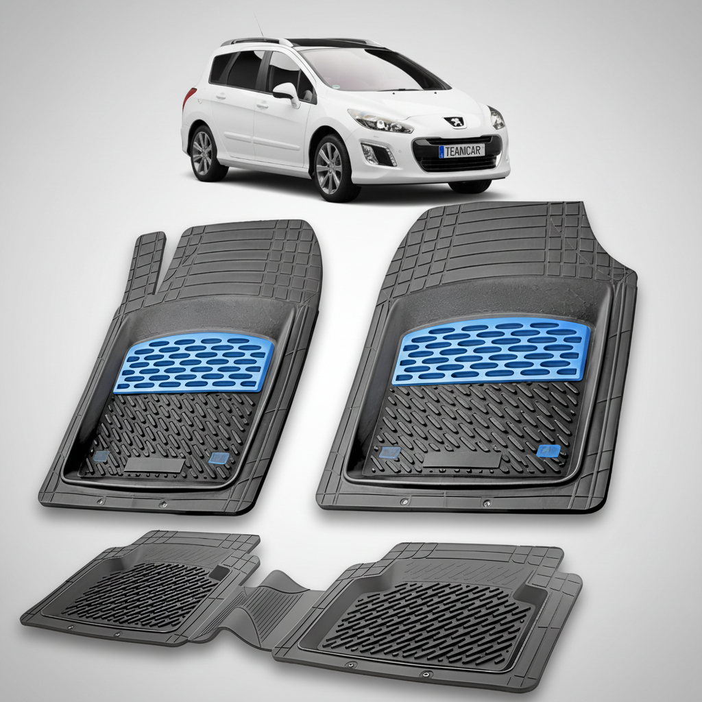 Set of car floor mats with a white car in the background
