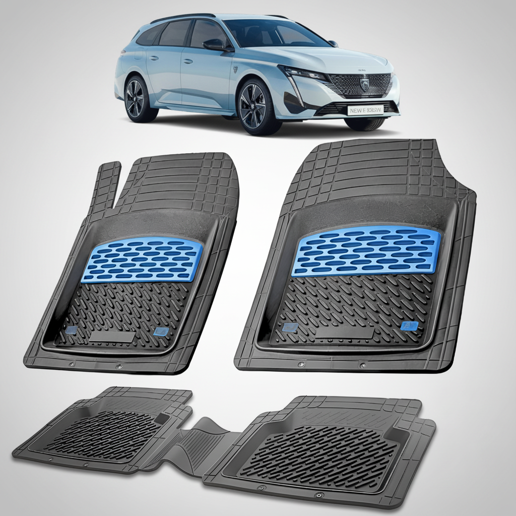 Set of car floor mats with a car in the background
