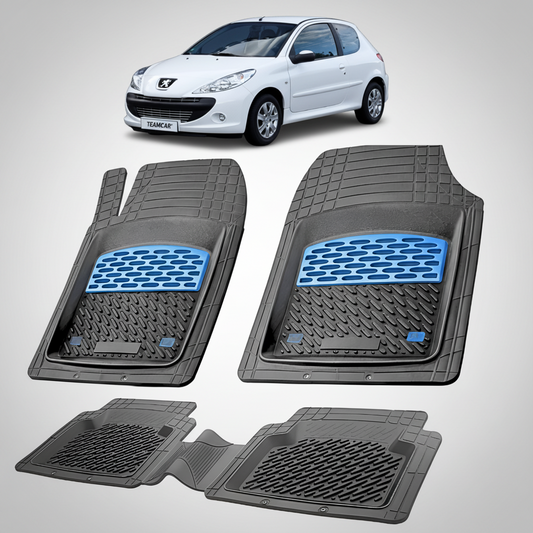 Set of car floor mats with a white car in the background