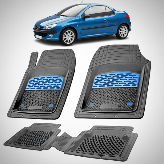 Set of car floor mats with blue accents on a white background, featuring a blue car.