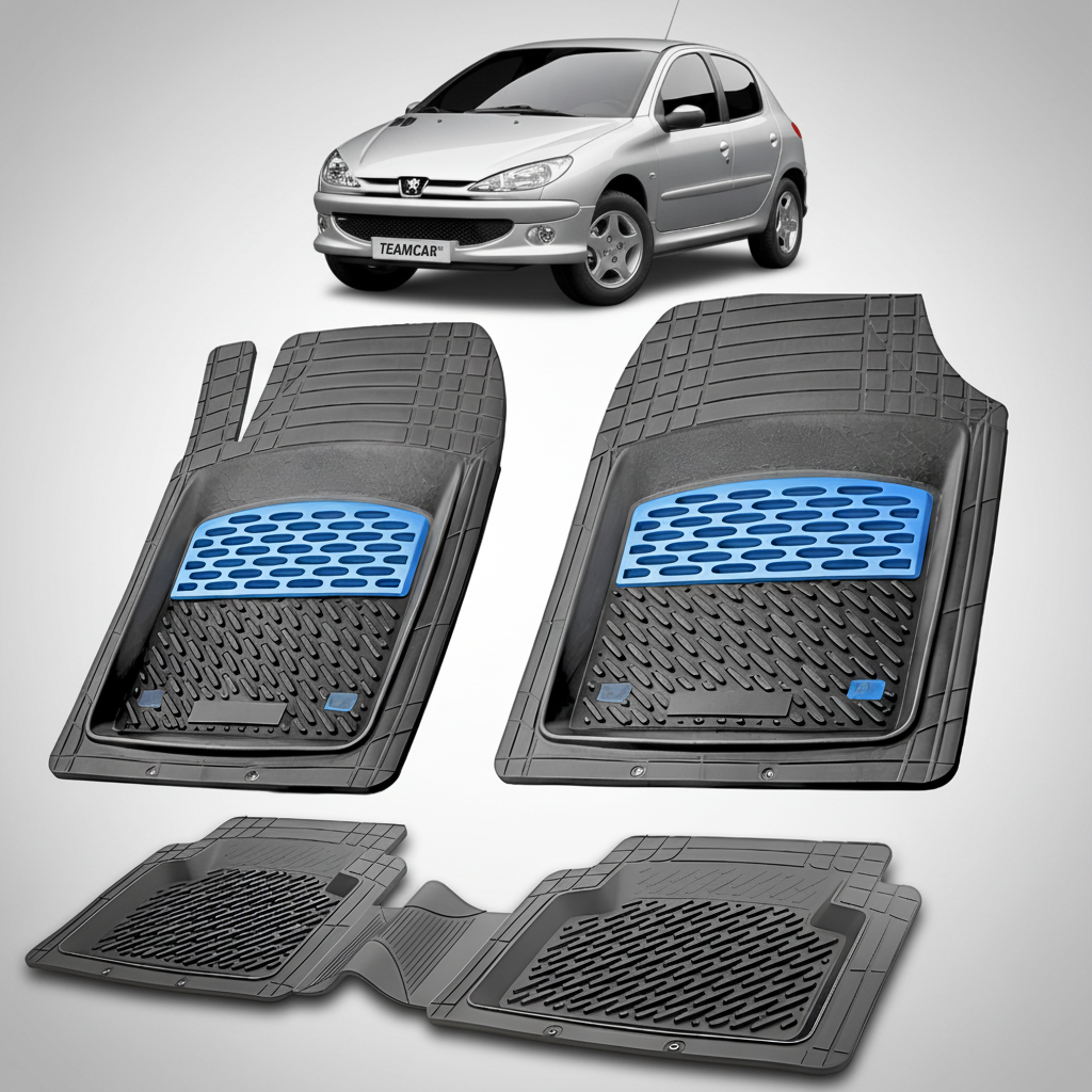 Set of car floor mats with a blue logo on a white background, featuring a Peugeot car.