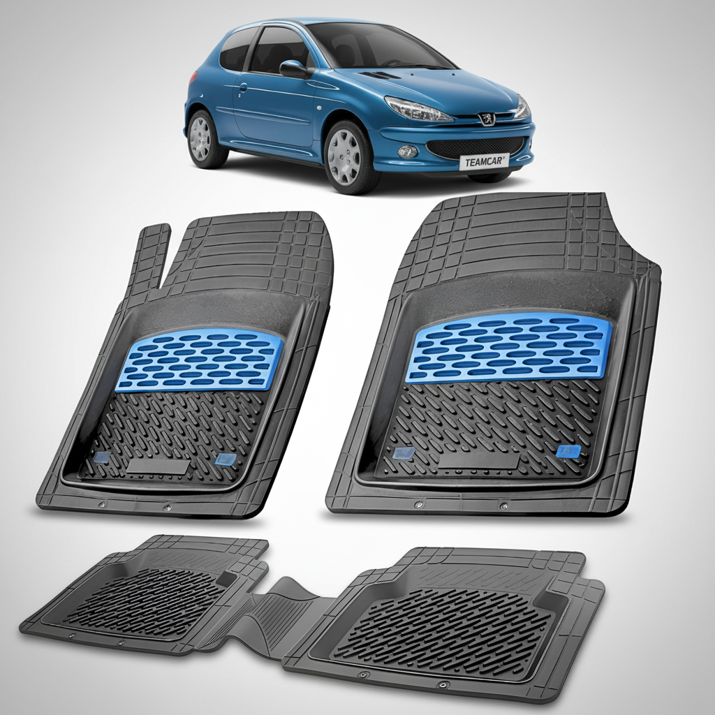 Set of car floor mats with blue accents on a white background, featuring a blue car.